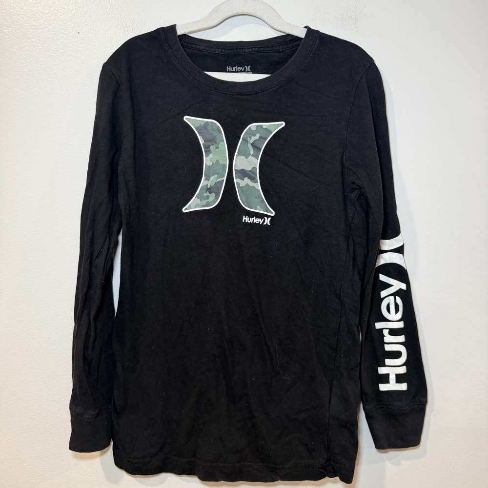 HURLEY Black Long sleeve T-Shirt Camo Army M 10-12 100% Soft Cotton